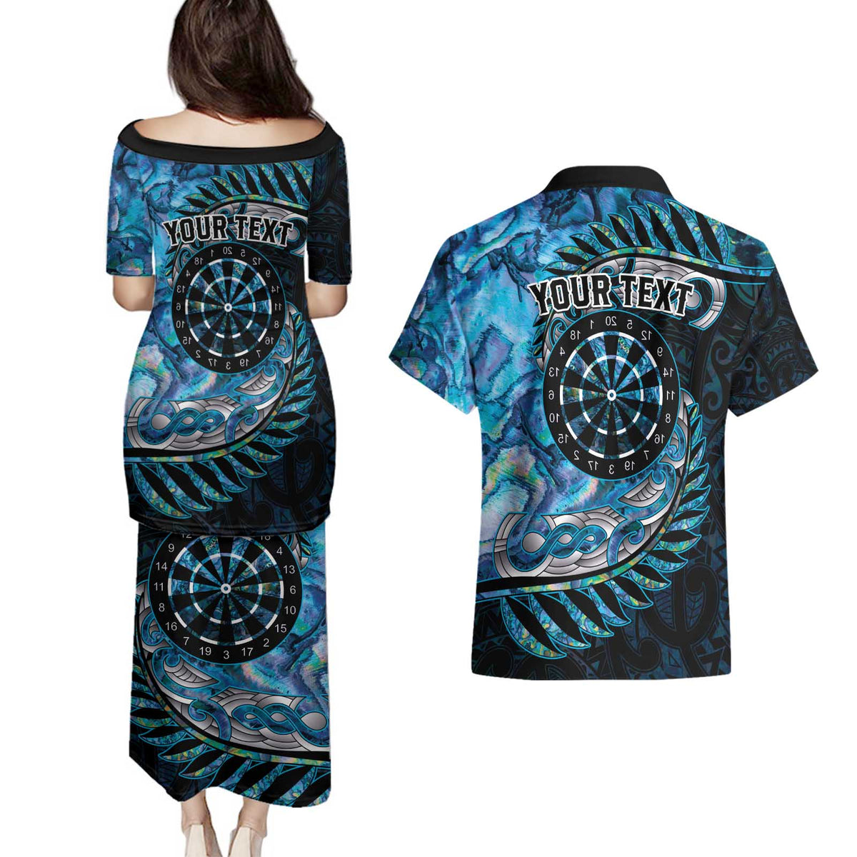 New Zealand Darts Personalised Couples Matching Puletasi and Hawaiian Shirt Aotearoa Silver Fern Blue Papua Shell Spirit LT9 - Polynesian Pride