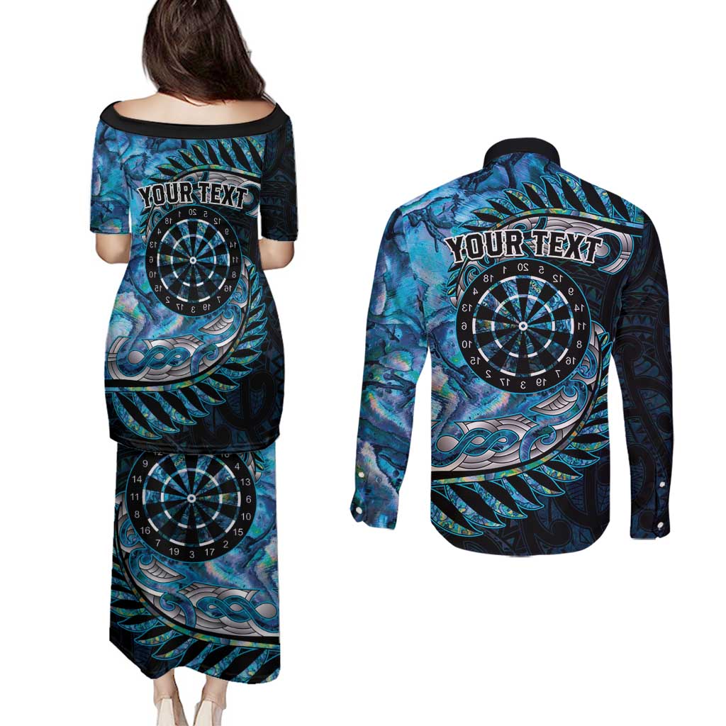 New Zealand Darts Personalised Couples Matching Puletasi and Long Sleeve Button Shirt Aotearoa Silver Fern Blue Papua Shell Spirit LT9 - Polynesian Pride
