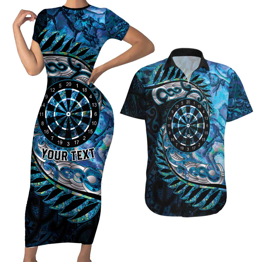 New Zealand Darts Personalised Couples Matching Short Sleeve Bodycon Dress and Hawaiian Shirt Aotearoa Silver Fern Blue Papua Shell Spirit LT9 Blue - Polynesian Pride