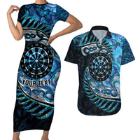 New Zealand Darts Personalised Couples Matching Short Sleeve Bodycon Dress and Hawaiian Shirt Aotearoa Silver Fern Blue Papua Shell Spirit LT9 Blue - Polynesian Pride