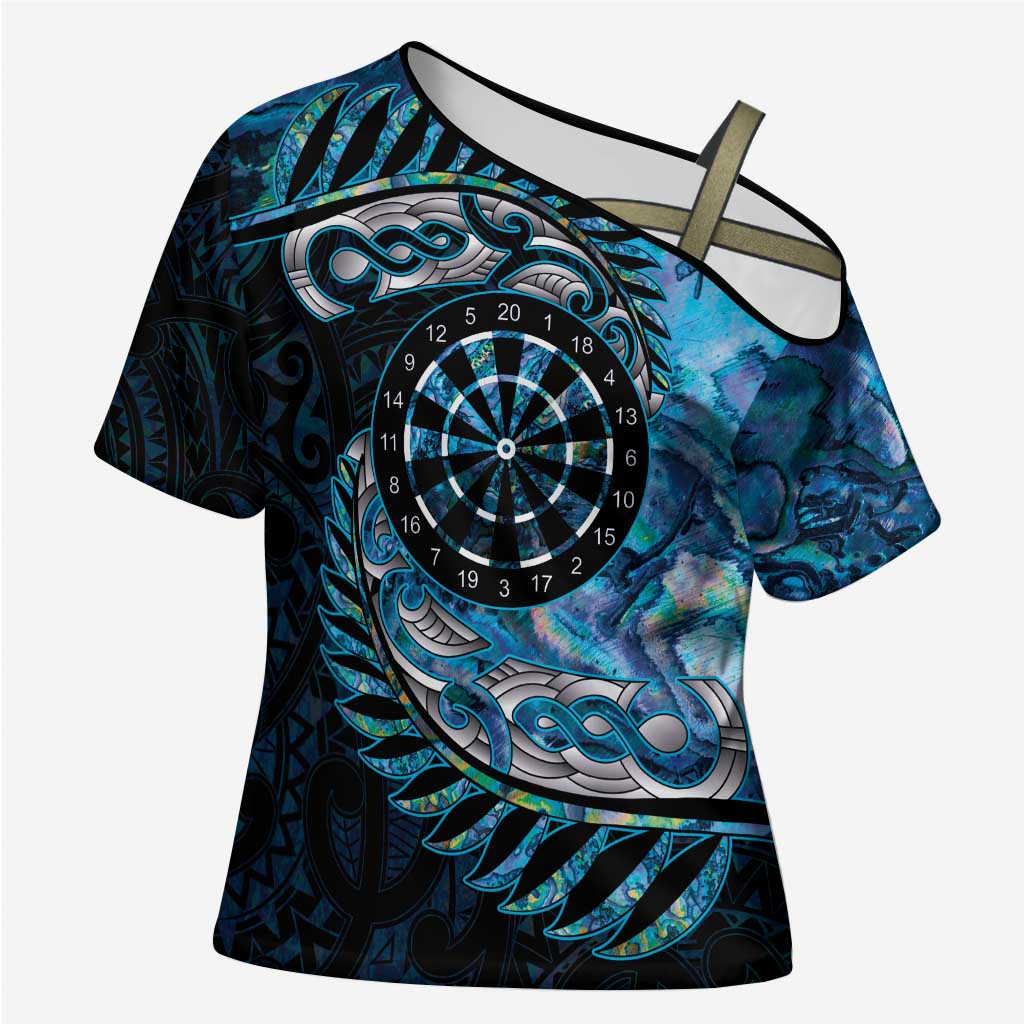New Zealand Darts Personalised Cross Shoulder Shirt Aotearoa Silver Fern Blue Papua Shell Spirit - Polynesian Pride