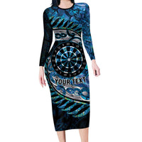 New Zealand Darts Personalised Family Matching Long Sleeve Bodycon Dress and Hawaiian Shirt Aotearoa Silver Fern Blue Papua Shell Spirit LT9 Mom's Dress Blue - Polynesian Pride