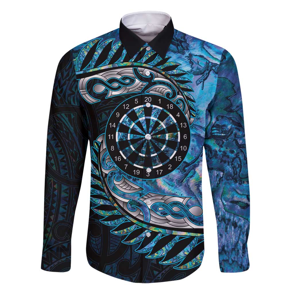 New Zealand Darts Personalised Family Matching Mermaid Dress and Hawaiian Shirt Aotearoa Silver Fern Blue Papua Shell Spirit LT9 Dad's Shirt - Long Sleeve Blue - Polynesian Pride