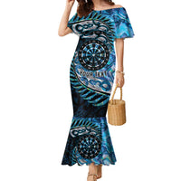 New Zealand Darts Personalised Family Matching Mermaid Dress and Hawaiian Shirt Aotearoa Silver Fern Blue Papua Shell Spirit LT9 Mom's Dress Blue - Polynesian Pride