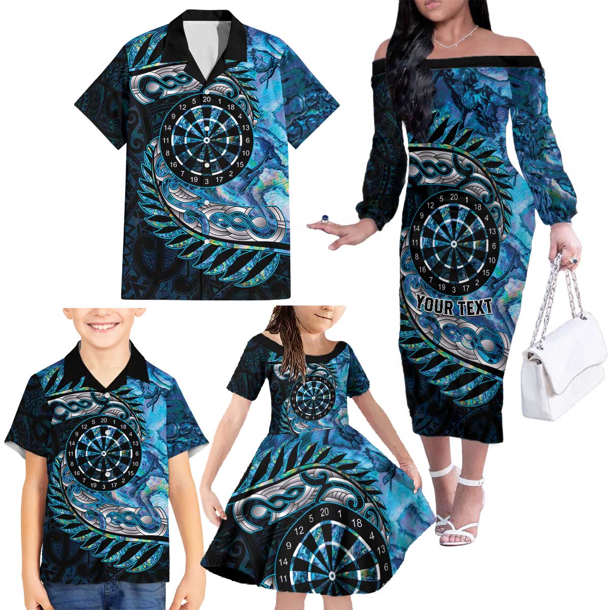 New Zealand Darts Personalised Family Matching Off The Shoulder Long Sleeve Dress and Hawaiian Shirt Aotearoa Silver Fern Blue Papua Shell Spirit LT9 - Polynesian Pride