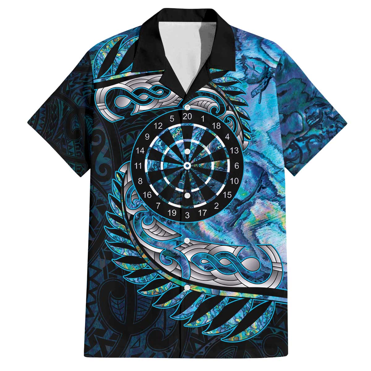 New Zealand Darts Personalised Family Matching Off The Shoulder Long Sleeve Dress and Hawaiian Shirt Aotearoa Silver Fern Blue Papua Shell Spirit LT9 Dad's Shirt - Short Sleeve Blue - Polynesian Pride