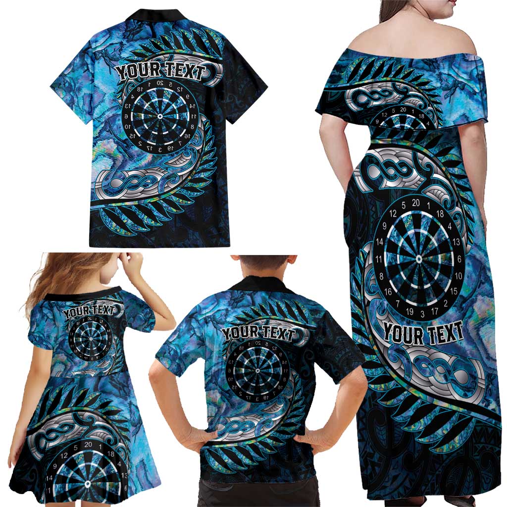 New Zealand Darts Personalised Family Matching Off Shoulder Maxi Dress and Hawaiian Shirt Aotearoa Silver Fern Blue Papua Shell Spirit LT9 - Polynesian Pride