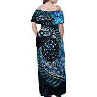 New Zealand Darts Personalised Family Matching Off Shoulder Maxi Dress and Hawaiian Shirt Aotearoa Silver Fern Blue Papua Shell Spirit LT9 - Polynesian Pride