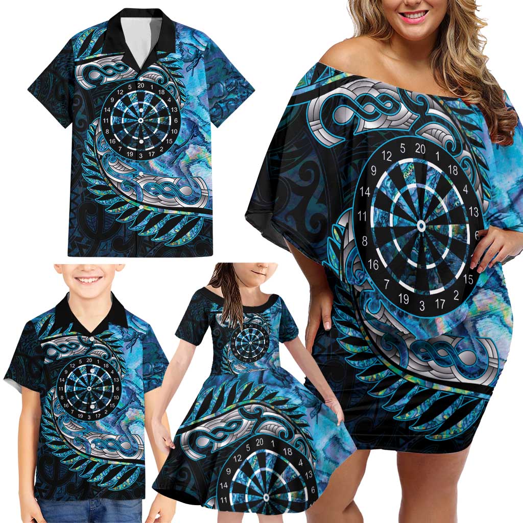 New Zealand Darts Personalised Family Matching Off Shoulder Short Dress and Hawaiian Shirt Aotearoa Silver Fern Blue Papua Shell Spirit LT9 - Polynesian Pride