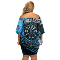 New Zealand Darts Personalised Family Matching Off Shoulder Short Dress and Hawaiian Shirt Aotearoa Silver Fern Blue Papua Shell Spirit LT9 - Polynesian Pride