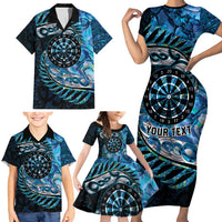 New Zealand Darts Personalised Family Matching Short Sleeve Bodycon Dress and Hawaiian Shirt Aotearoa Silver Fern Blue Papua Shell Spirit LT9 - Polynesian Pride