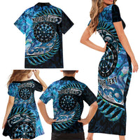 New Zealand Darts Personalised Family Matching Short Sleeve Bodycon Dress and Hawaiian Shirt Aotearoa Silver Fern Blue Papua Shell Spirit LT9 - Polynesian Pride