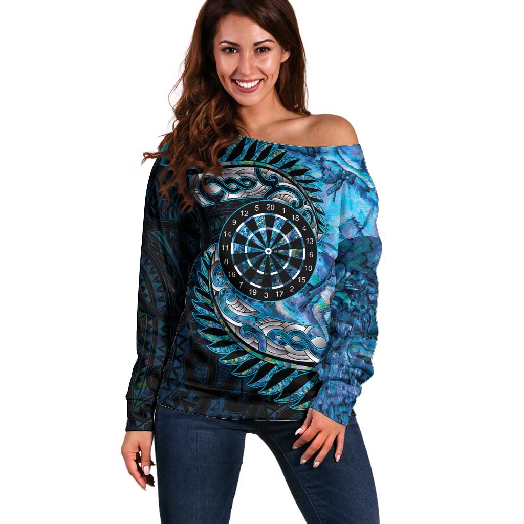New Zealand Darts Personalised Off Shoulder Sweater Aotearoa Silver Fern Blue Papua Shell Spirit LT9 Women Blue - Polynesian Pride