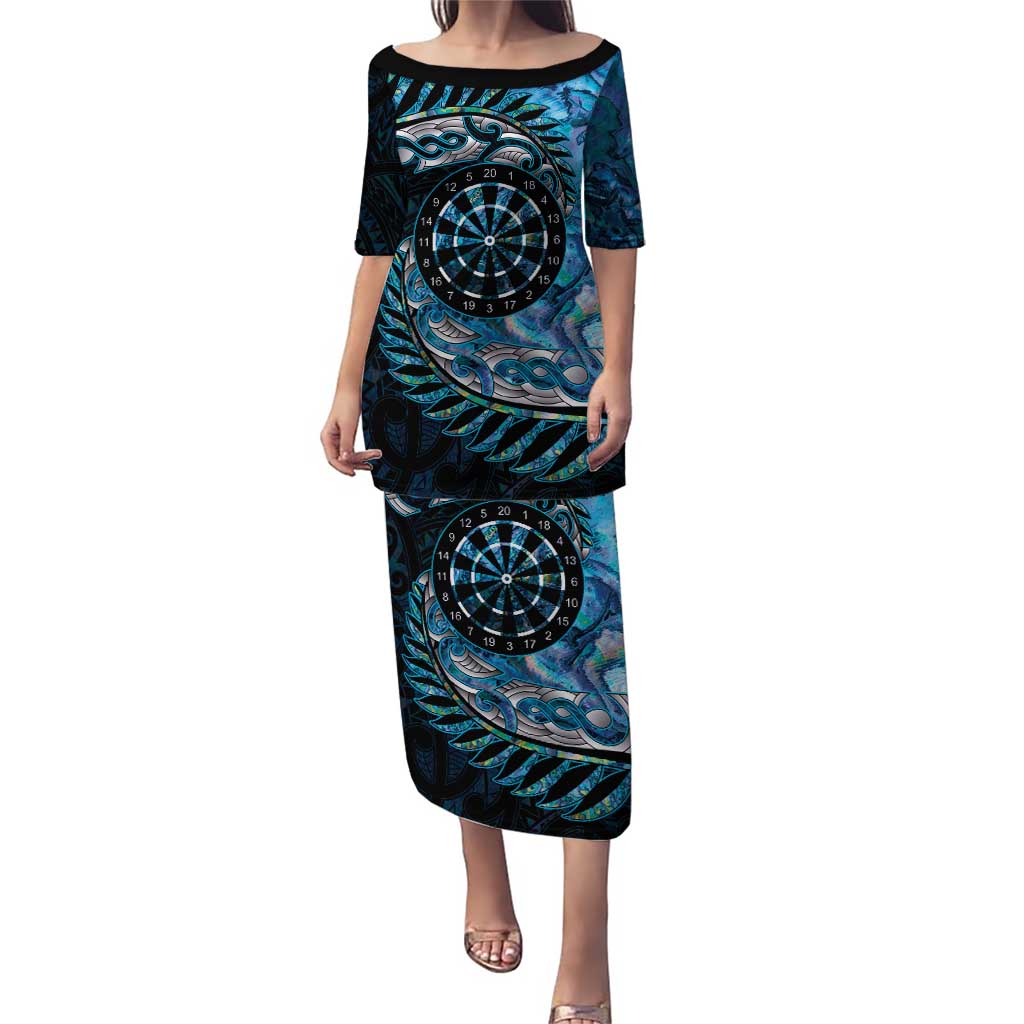 New Zealand Darts Personalised Puletasi Aotearoa Silver Fern Blue Papua Shell Spirit LT9 Long Dress Blue - Polynesian Pride