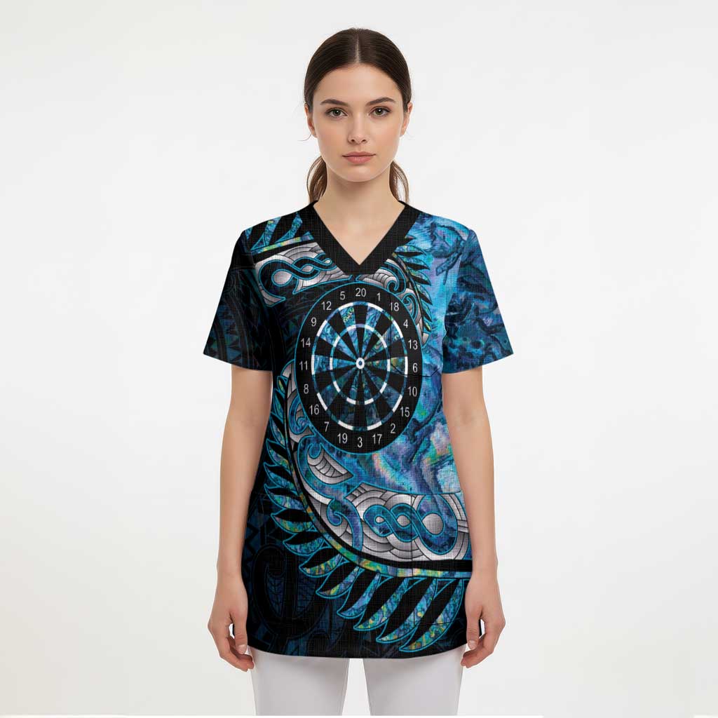 New Zealand Darts Personalised Scrub Top Aotearoa Silver Fern Blue Papua Shell Spirit - Polynesian Pride