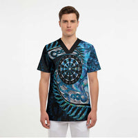 New Zealand Darts Personalised Scrub Top Aotearoa Silver Fern Blue Papua Shell Spirit - Polynesian Pride