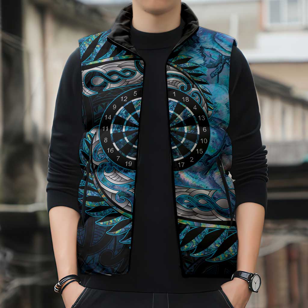 New Zealand Darts Personalised Sleeveless Puffer Jacket Aotearoa Silver Fern Blue Papua Shell Spirit - Polynesian Pride