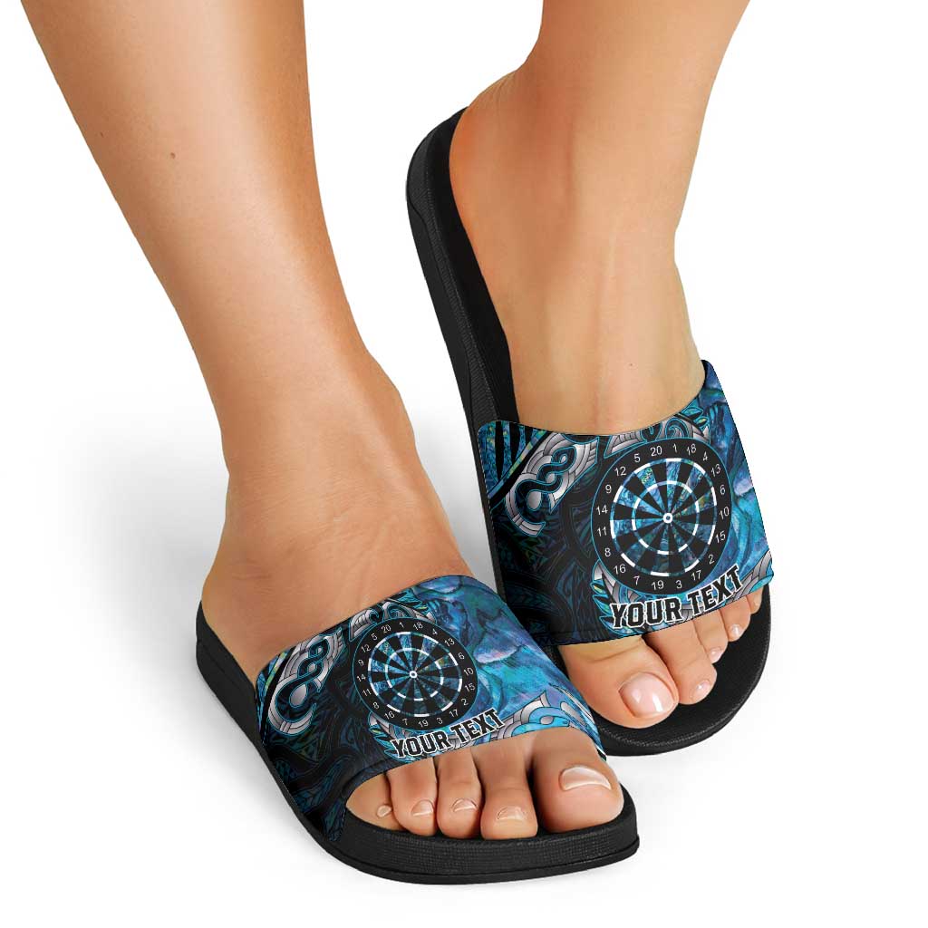 New Zealand Darts Personalised Slide Sandals Aotearoa Silver Fern Blue Papua Shell Spirit - Polynesian Pride