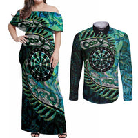 New Zealand Darts Personalised Couples Matching Off Shoulder Maxi Dress and Long Sleeve Button Shirt Aotearoa Silver Fern Green Papua Shell Spirit LT9 Green - Polynesian Pride