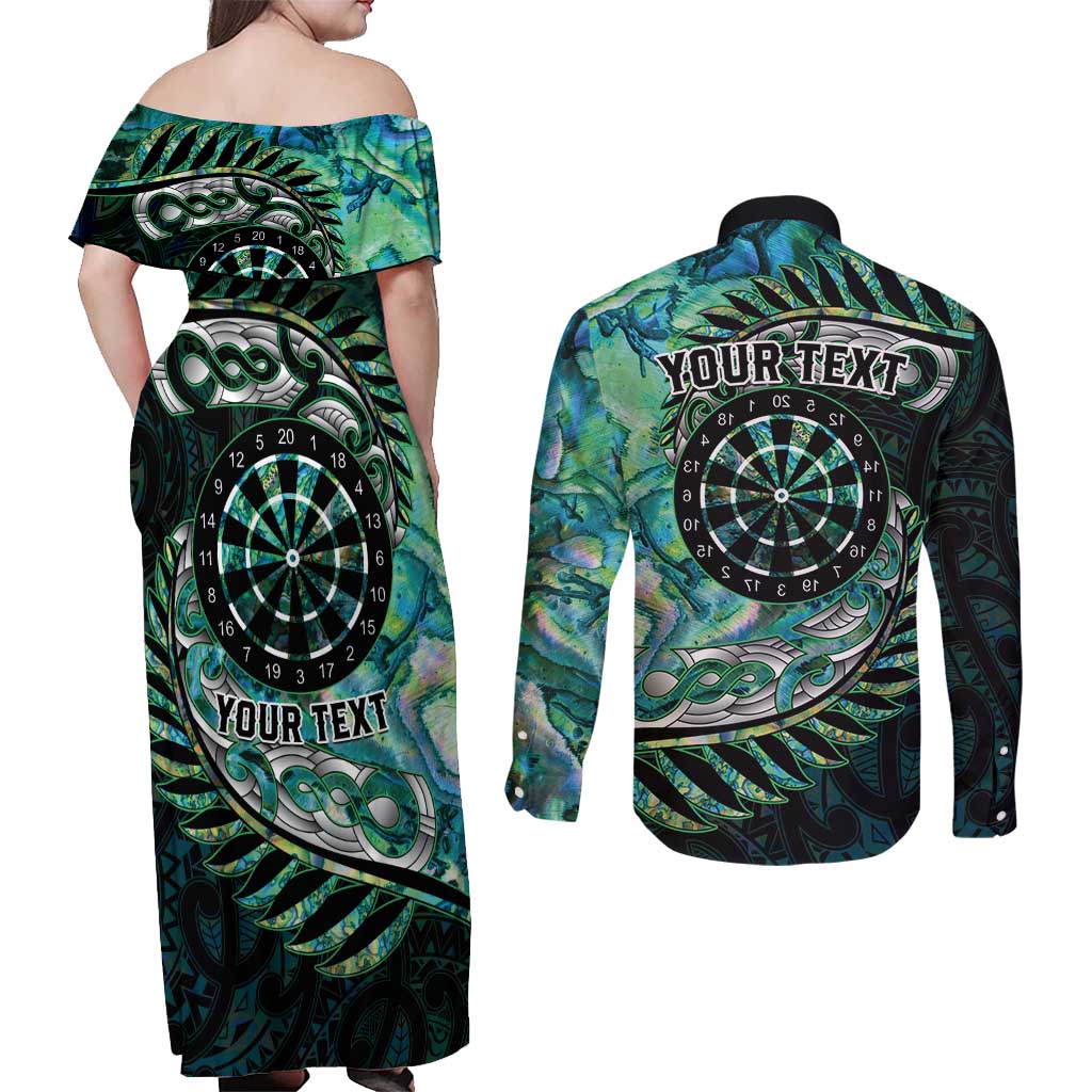 New Zealand Darts Personalised Couples Matching Off Shoulder Maxi Dress and Long Sleeve Button Shirt Aotearoa Silver Fern Green Papua Shell Spirit LT9 - Polynesian Pride