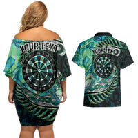 New Zealand Darts Personalised Couples Matching Off Shoulder Short Dress and Hawaiian Shirt Aotearoa Silver Fern Green Papua Shell Spirit LT9 - Polynesian Pride