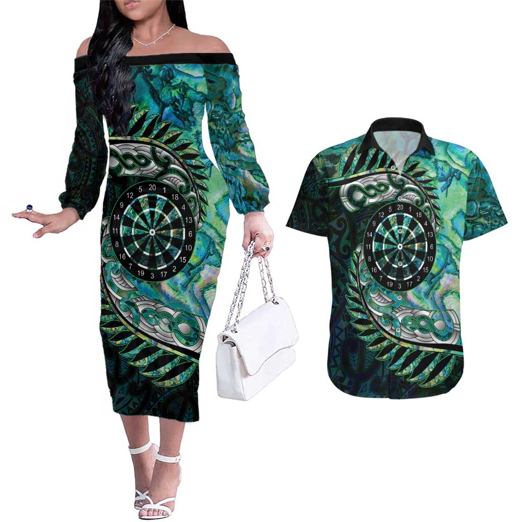 New Zealand Darts Personalised Couples Matching Off The Shoulder Long Sleeve Dress and Hawaiian Shirt Aotearoa Silver Fern Green Papua Shell Spirit LT9 Green - Polynesian Pride