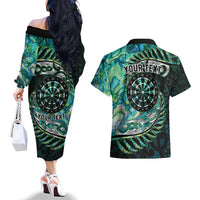 New Zealand Darts Personalised Couples Matching Off The Shoulder Long Sleeve Dress and Hawaiian Shirt Aotearoa Silver Fern Green Papua Shell Spirit LT9 - Polynesian Pride