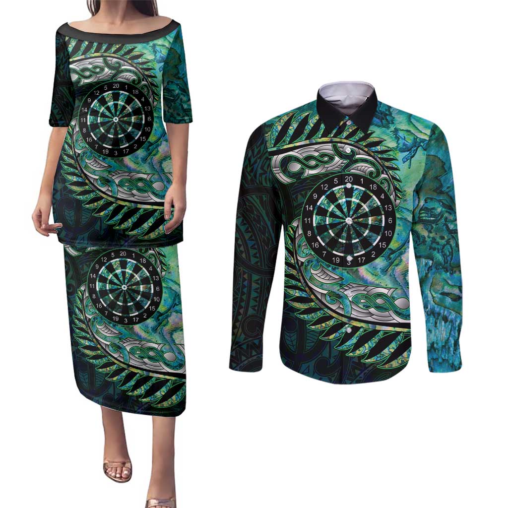 New Zealand Darts Personalised Couples Matching Puletasi and Long Sleeve Button Shirt Aotearoa Silver Fern Green Papua Shell Spirit
