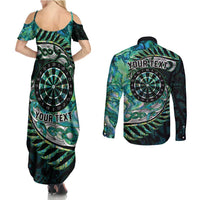New Zealand Darts Personalised Couples Matching Summer Maxi Dress and Long Sleeve Button Shirt Aotearoa Silver Fern Green Papua Shell Spirit LT9 - Polynesian Pride