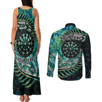 New Zealand Darts Personalised Couples Matching Tank Maxi Dress and Long Sleeve Button Shirt Aotearoa Silver Fern Green Papua Shell Spirit LT9 - Polynesian Pride