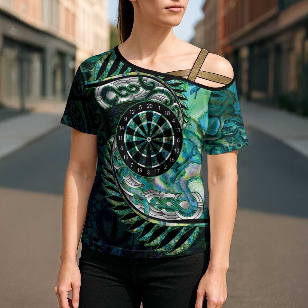 New Zealand Darts Personalised Cross Shoulder Shirt Aotearoa Silver Fern Green Papua Shell Spirit LT9 - Polynesian Pride