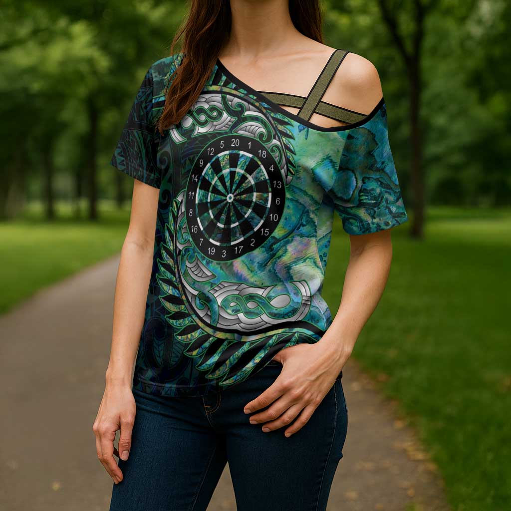 New Zealand Darts Personalised Cross Shoulder Shirt Aotearoa Silver Fern Green Papua Shell Spirit LT9 - Polynesian Pride