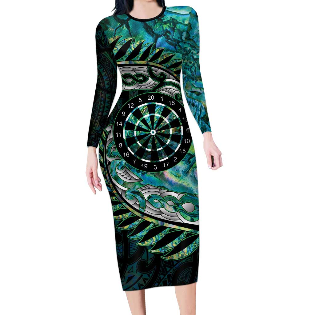 New Zealand Darts Personalised Family Matching Long Sleeve Bodycon Dress and Hawaiian Shirt Aotearoa Silver Fern Green Papua Shell Spirit LT9 Mom's Dress Green - Polynesian Pride