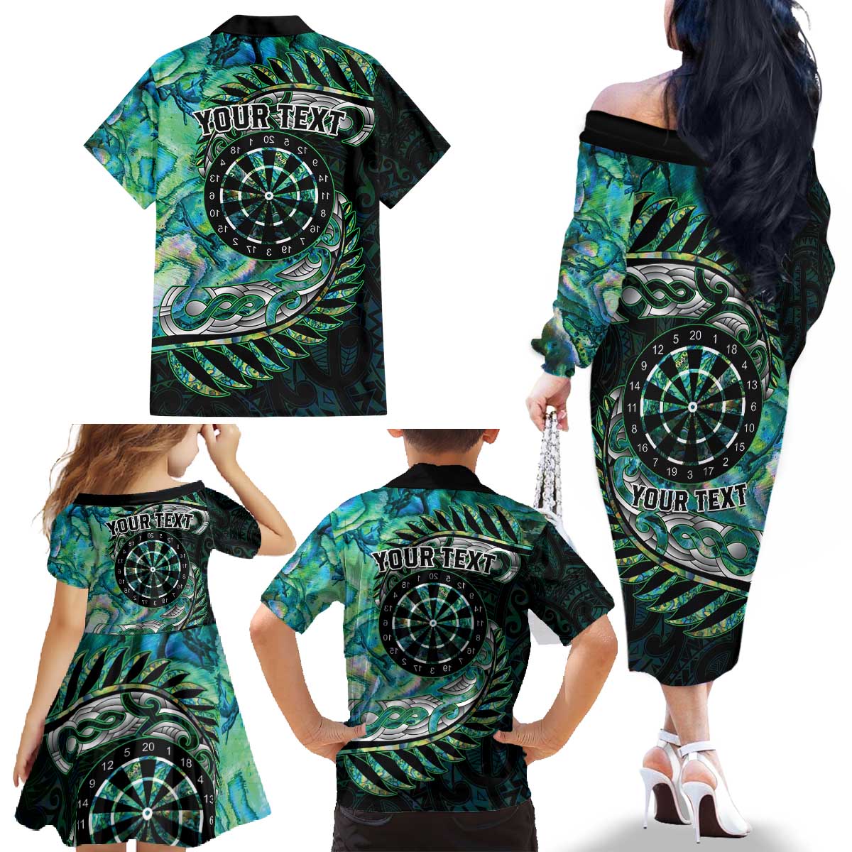 New Zealand Darts Personalised Family Matching Off The Shoulder Long Sleeve Dress and Hawaiian Shirt Aotearoa Silver Fern Green Papua Shell Spirit LT9 - Polynesian Pride