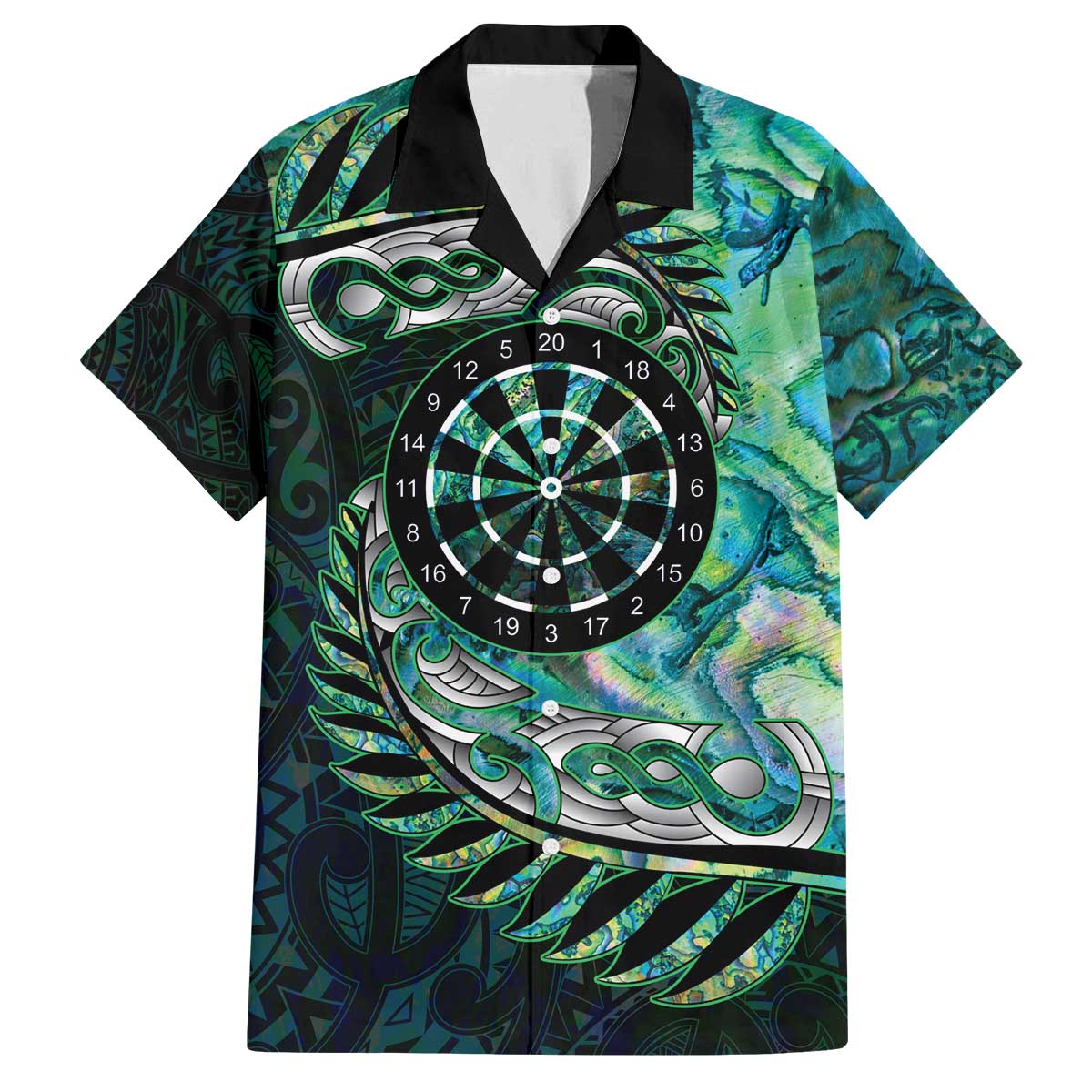 New Zealand Darts Personalised Family Matching Off The Shoulder Long Sleeve Dress and Hawaiian Shirt Aotearoa Silver Fern Green Papua Shell Spirit LT9 Dad's Shirt - Short Sleeve Green - Polynesian Pride