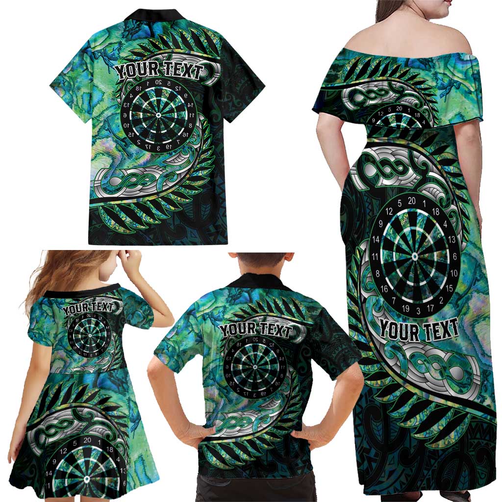New Zealand Darts Personalised Family Matching Off Shoulder Maxi Dress and Hawaiian Shirt Aotearoa Silver Fern Green Papua Shell Spirit LT9 - Polynesian Pride