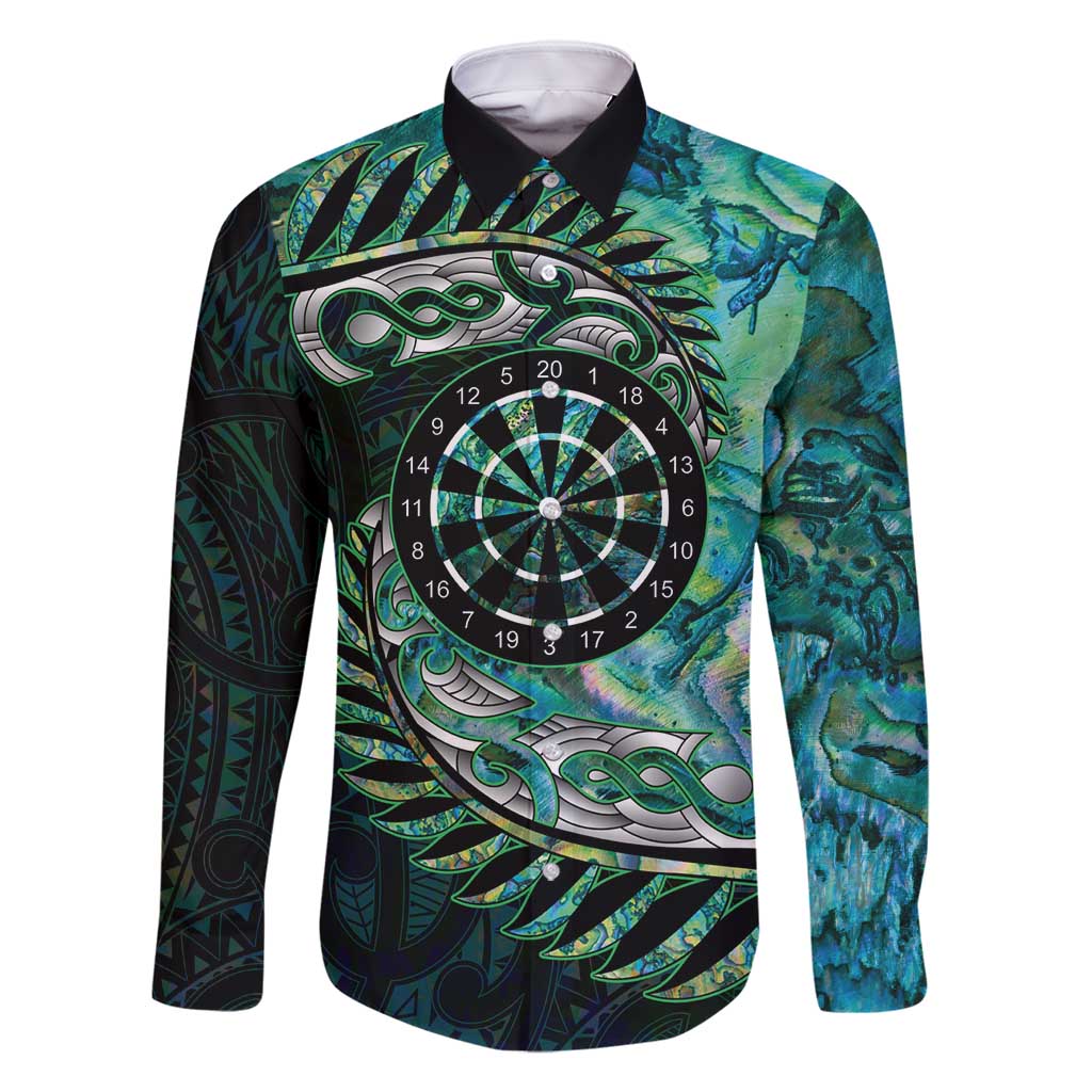 New Zealand Darts Personalised Family Matching Off Shoulder Short Dress and Hawaiian Shirt Aotearoa Silver Fern Green Papua Shell Spirit LT9 Dad's Shirt - Long Sleeve Green - Polynesian Pride