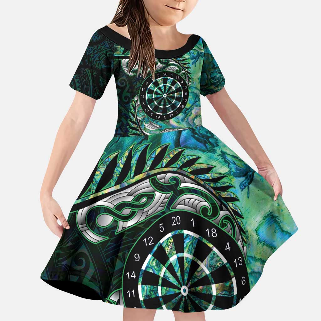 New Zealand Darts Personalised Family Matching Puletasi and Hawaiian Shirt Aotearoa Silver Fern Green Papua Shell Spirit LT9 Daughter's Dress Green - Polynesian Pride