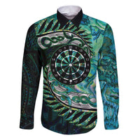 New Zealand Darts Personalised Family Matching Puletasi and Hawaiian Shirt Aotearoa Silver Fern Green Papua Shell Spirit LT9 Dad's Shirt - Long Sleeve Green - Polynesian Pride