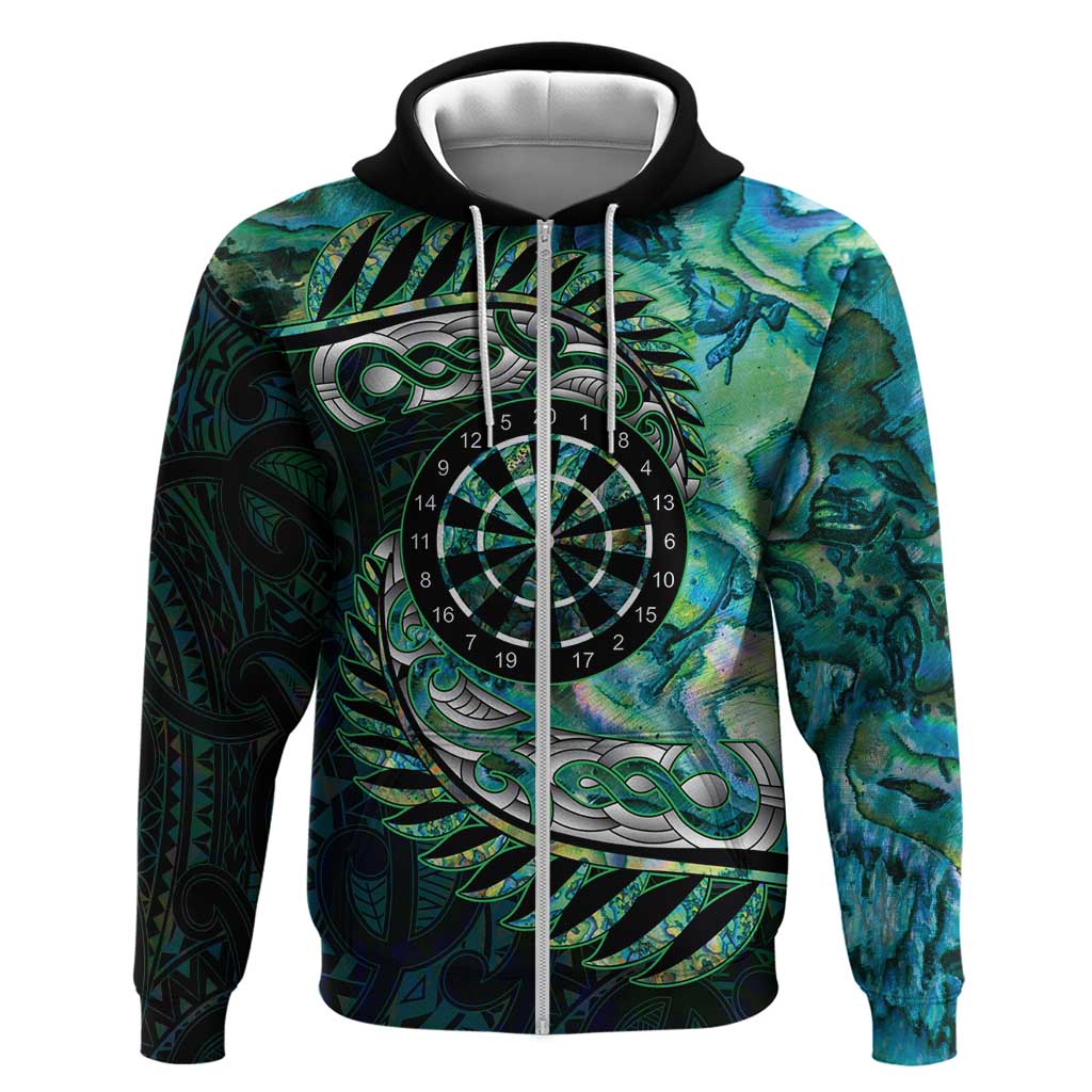New Zealand Darts Personalised Hoodie Aotearoa Silver Fern Green Papua Shell Spirit LT9 Zip Hoodie Green - Polynesian Pride