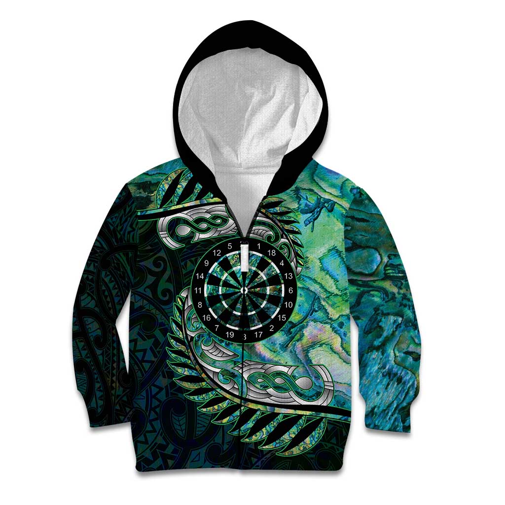 New Zealand Darts Personalised Kid Hoodie Aotearoa Silver Fern Green Papua Shell Spirit LT9 Zip Hoodie Green - Polynesian Pride