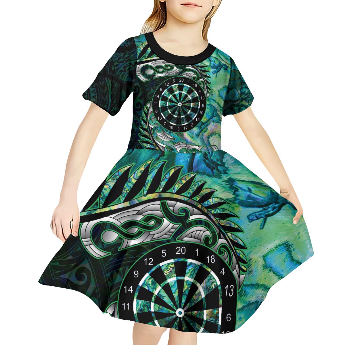New Zealand Darts Personalised Kid Short Sleeve Dress Aotearoa Silver Fern Green Papua Shell Spirit LT9 - Polynesian Pride