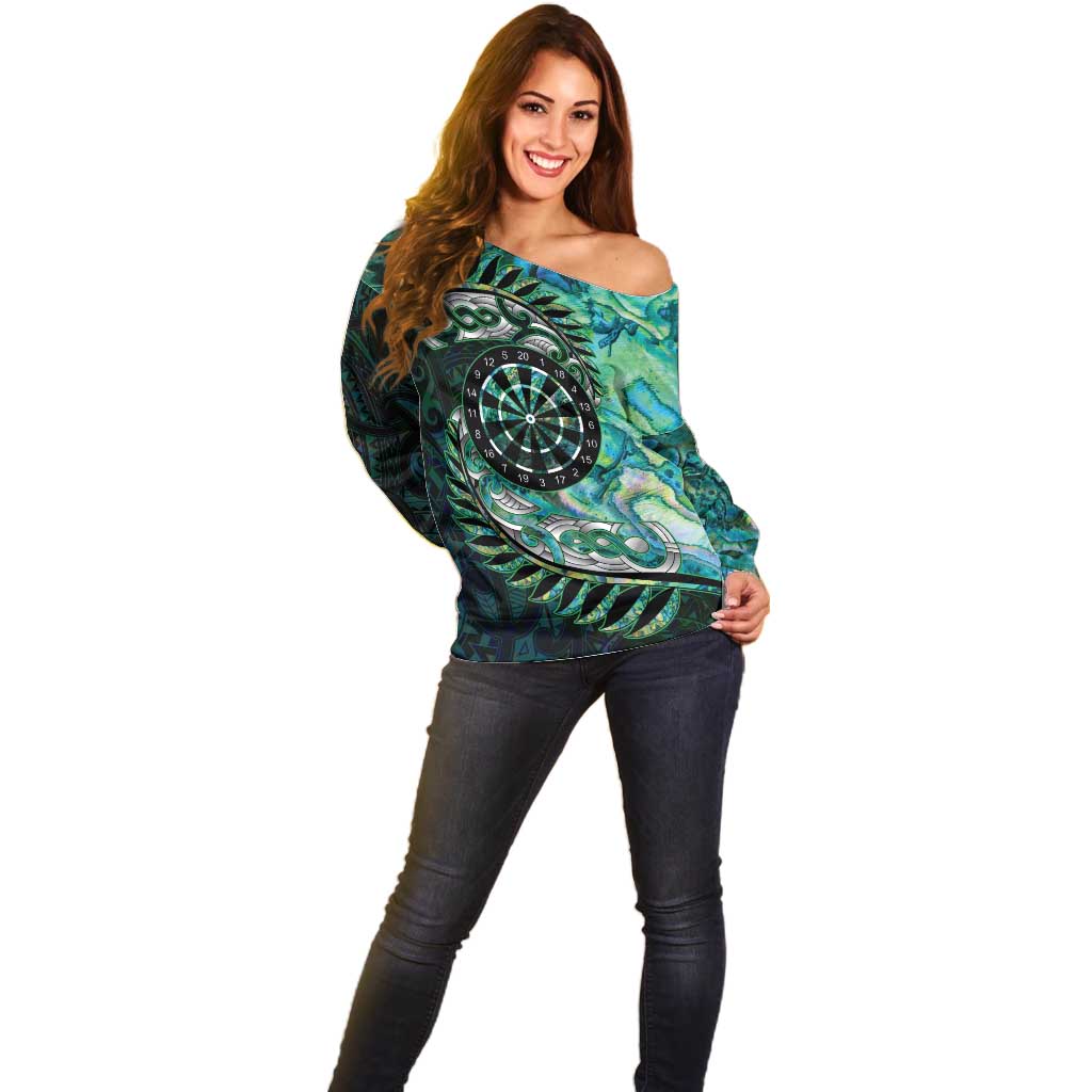New Zealand Darts Personalised Off Shoulder Sweater Aotearoa Silver Fern Green Papua Shell Spirit