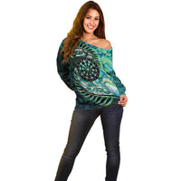 New Zealand Darts Personalised Off Shoulder Sweater Aotearoa Silver Fern Green Papua Shell Spirit