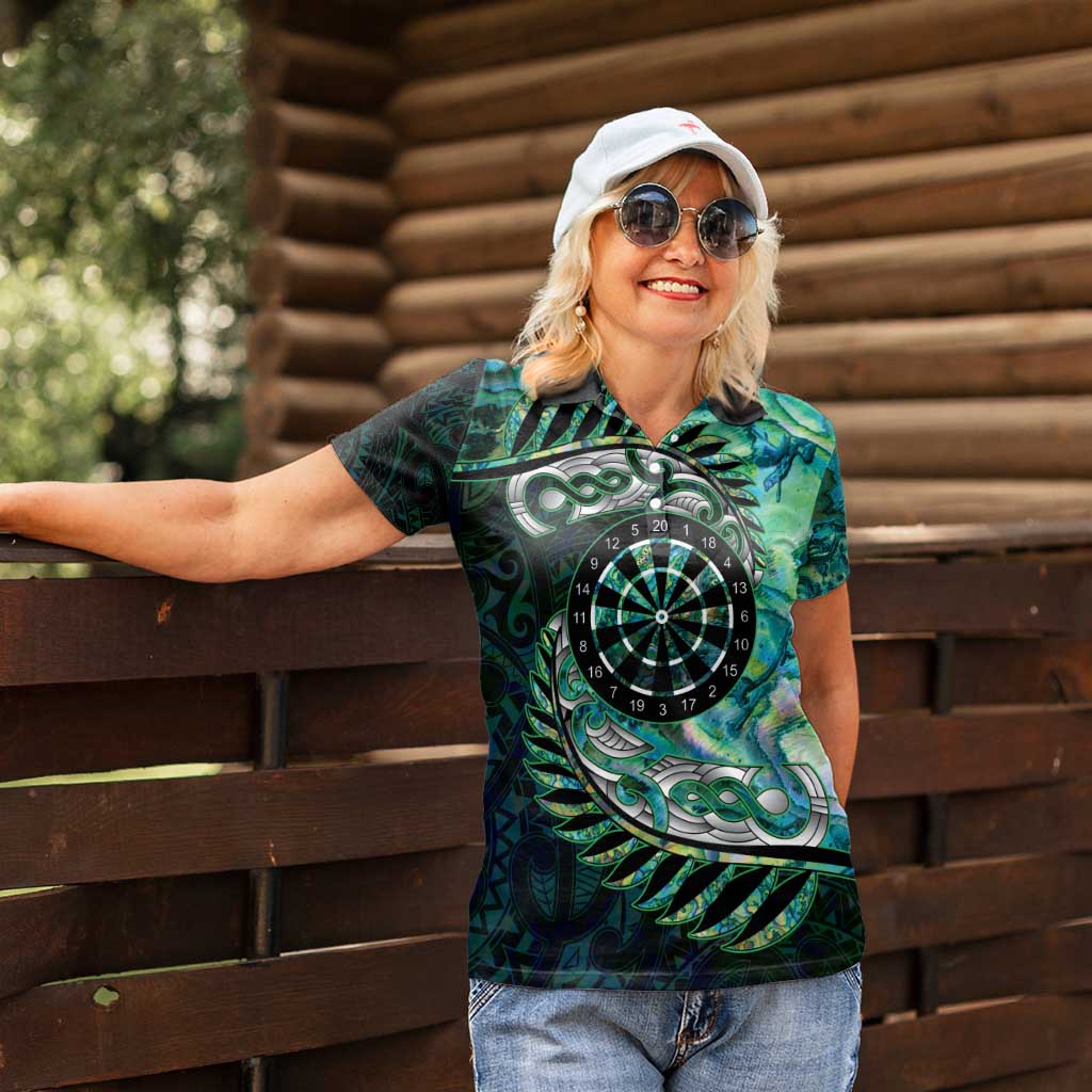 New Zealand Darts Personalised Women Polo Shirt Aotearoa Silver Fern Green Papua Shell Spirit LT9 - Polynesian Pride