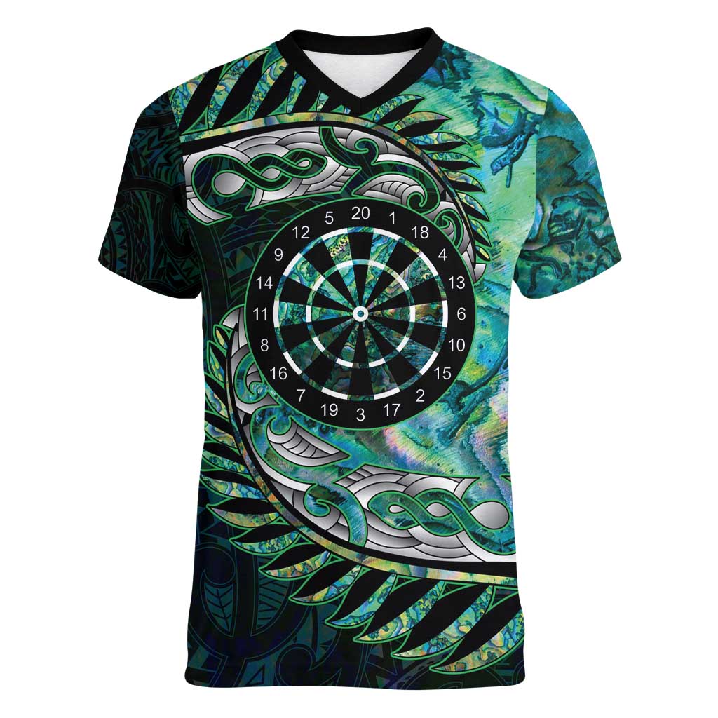 New Zealand Darts Personalised Women V-Neck T-Shirt Aotearoa Silver Fern Green Papua Shell Spirit