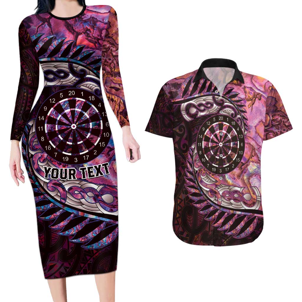 New Zealand Darts Personalised Couples Matching Long Sleeve Bodycon Dress and Hawaiian Shirt Aotearoa Silver Fern Pink Papua Shell Spirit LT9 Pink - Polynesian Pride