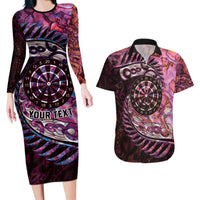 New Zealand Darts Personalised Couples Matching Long Sleeve Bodycon Dress and Hawaiian Shirt Aotearoa Silver Fern Pink Papua Shell Spirit LT9 Pink - Polynesian Pride
