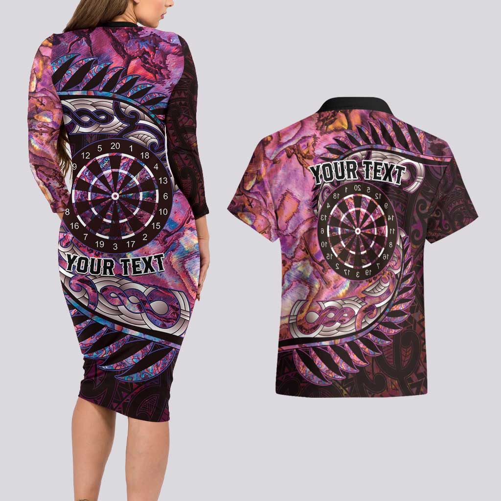 New Zealand Darts Personalised Couples Matching Long Sleeve Bodycon Dress and Hawaiian Shirt Aotearoa Silver Fern Pink Papua Shell Spirit LT9 - Polynesian Pride