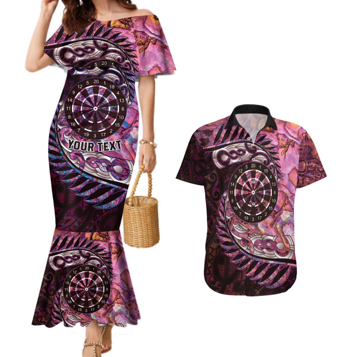 New Zealand Darts Personalised Couples Matching Mermaid Dress and Hawaiian Shirt Aotearoa Silver Fern Pink Papua Shell Spirit LT9 Pink - Polynesian Pride